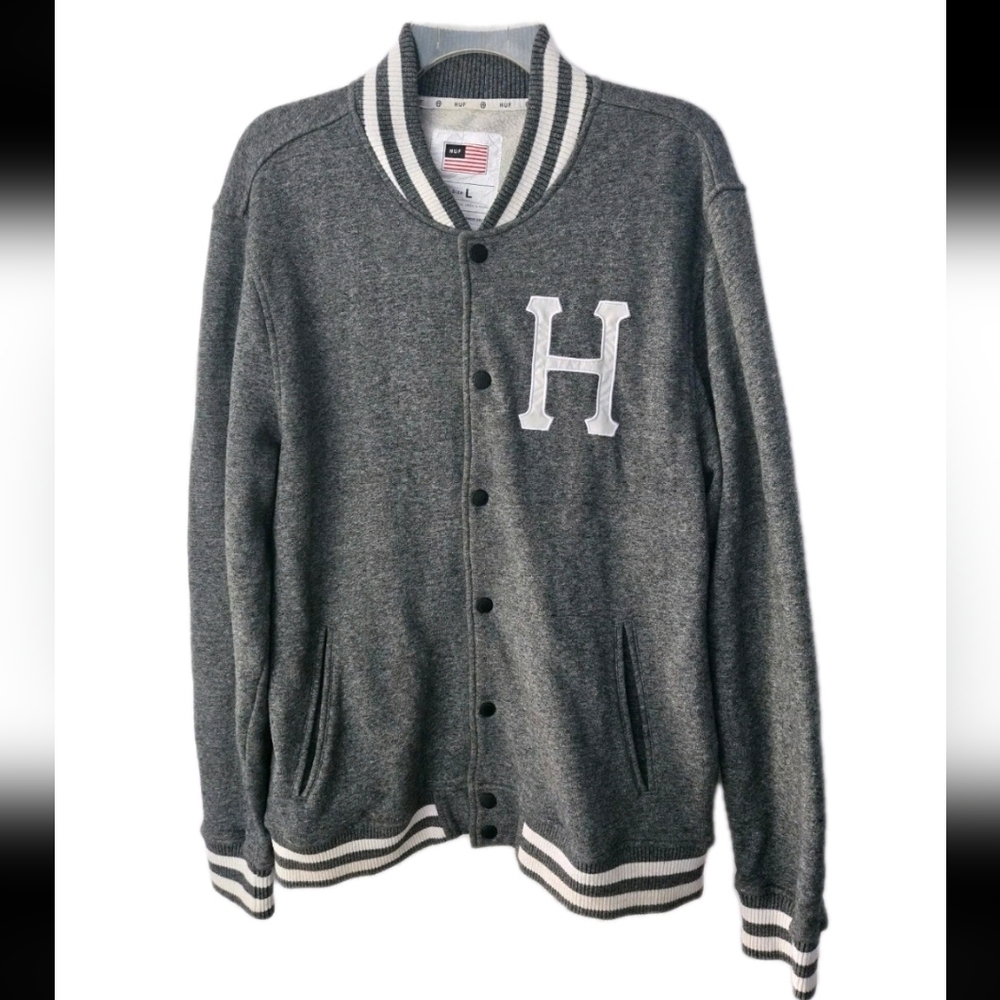 HUF Gray Varsity Jacket Large Snap Front Streetwear Skate Collegiate H Logo